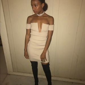 Tan off the shoulder dress